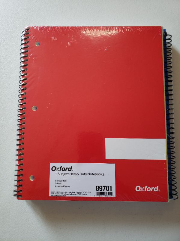 Photo 1 of Oxford Spiral Notebooks, 1 Subject, College Rule, Durable Covers, Heavy-duty Coil, 1 Pocket, 8.5 x 11, 100 Sheets, Red, Blue, Green, 3/Pack (89701)
