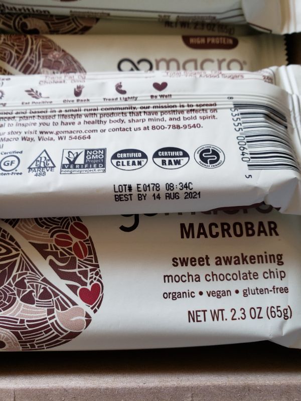 Photo 3 of GoMacro MacroBar Organic Vegan Protein Bars - Mocha Chocolate Chip (2.3 Ounce Bars. Best By Aug 2021.