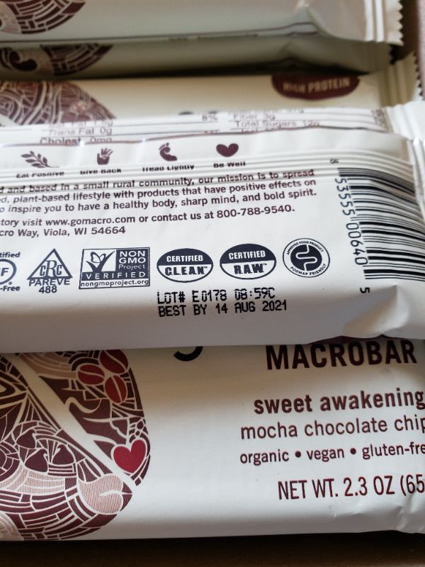 Photo 3 of GoMacro MacroBar Organic Vegan Protein Bars - Mocha Chocolate Chip (2.3 Ounce Bars. Best By Aug 2021