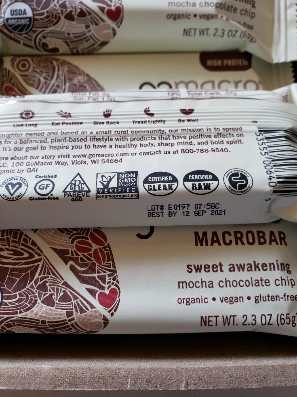 Photo 3 of GoMacro MacroBar Organic Vegan Protein Bars - Mocha Chocolate Chip (2.3 Ounce Bars. Best By Sep. 2021.