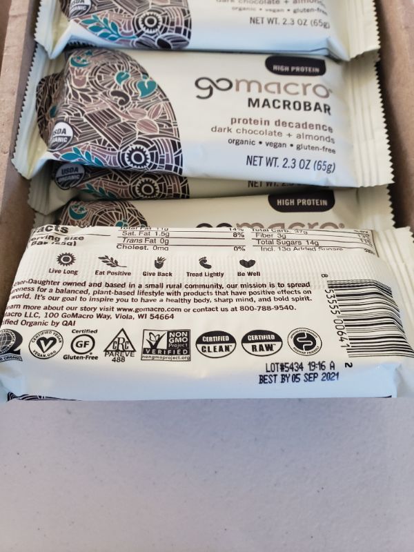 Photo 3 of GoMacro - Organic MacroBar Protein Decadence Bars Box Dark Chocolate + Almonds - 12 Bars. Best By Sep. 2021.