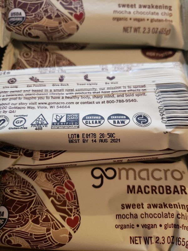 Photo 3 of GoMacro MacroBar Organic Vegan Protein Bars - Mocha Chocolate Chip (2.3 Ounce Bars. Best By Aug 2021.