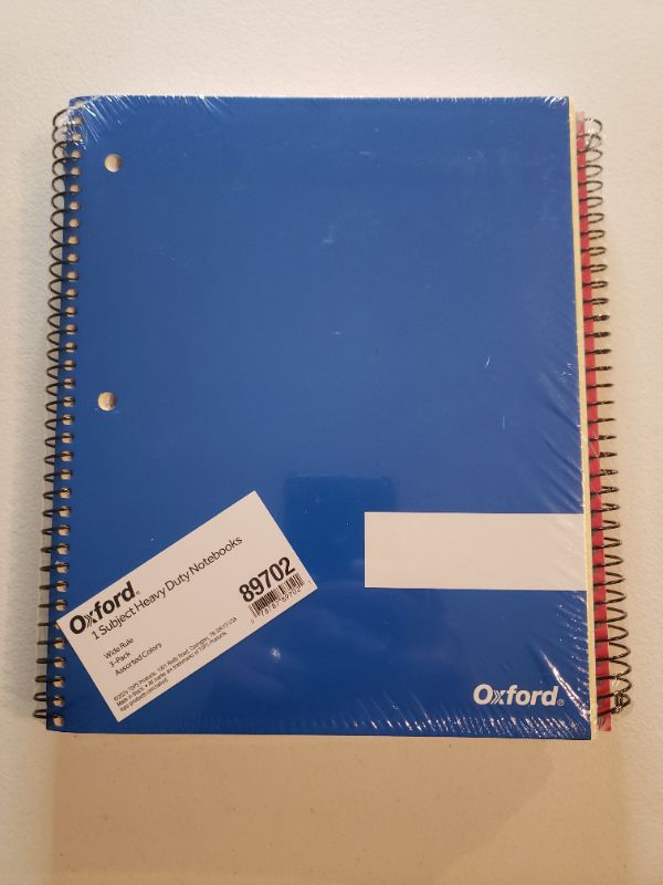 Photo 1 of Oxford Spiral Notebook 3 Pack, 1 Subject, Wide Rule, Durable Plastic Covers, Strong Coil, 1 Pocket, 8.5 x 11, 100 Sheets, Red, Green, Blue (89802)
