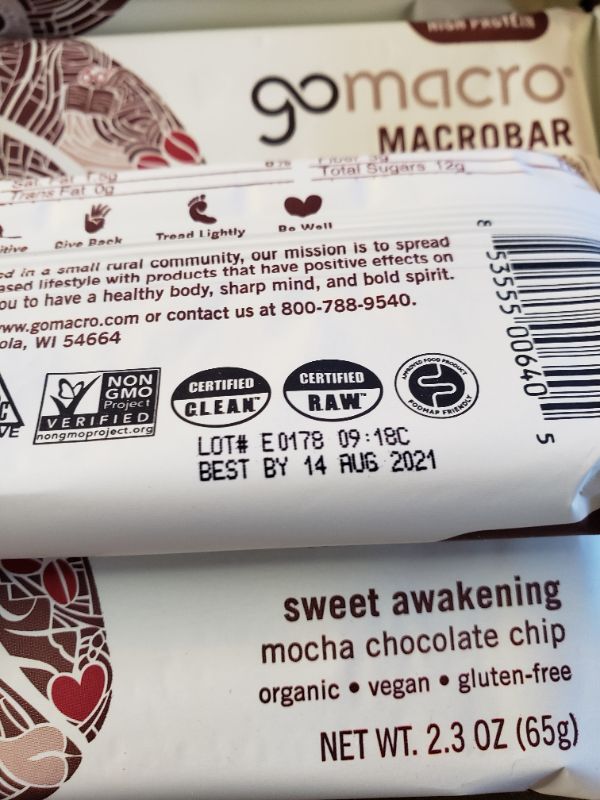 Photo 3 of GoMacro MacroBar Organic Vegan Protein Bars - Mocha Chocolate Chip (2.3 Ounce Bars. Best By Aug 2021.