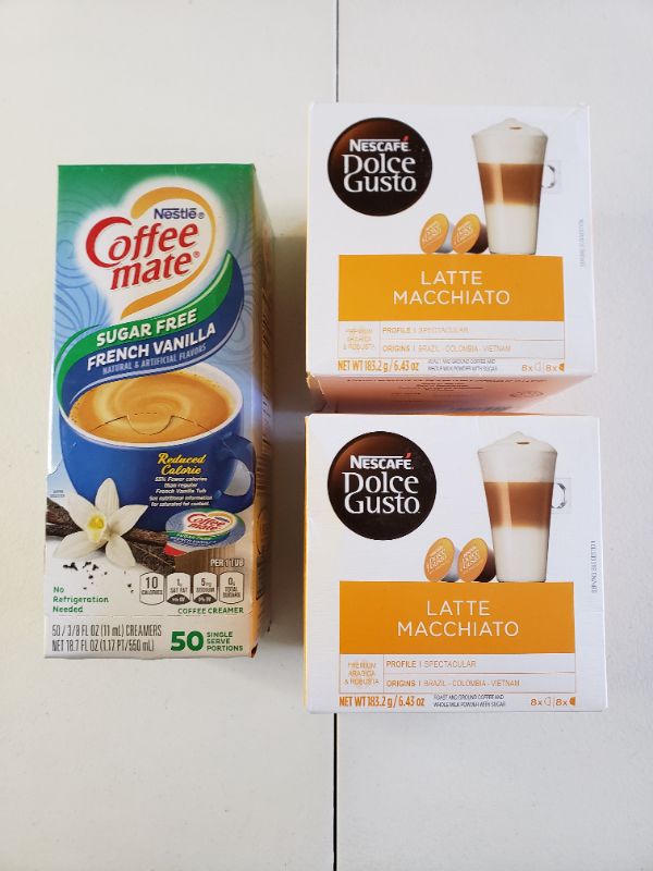 Photo 1 of Coffee-mate SF French Vanilla Creamer.375oz, 50/Box and NESCAFE Dolce Gusto 6.43 Oz. (2 Boxes). Lot of 3 Items.
