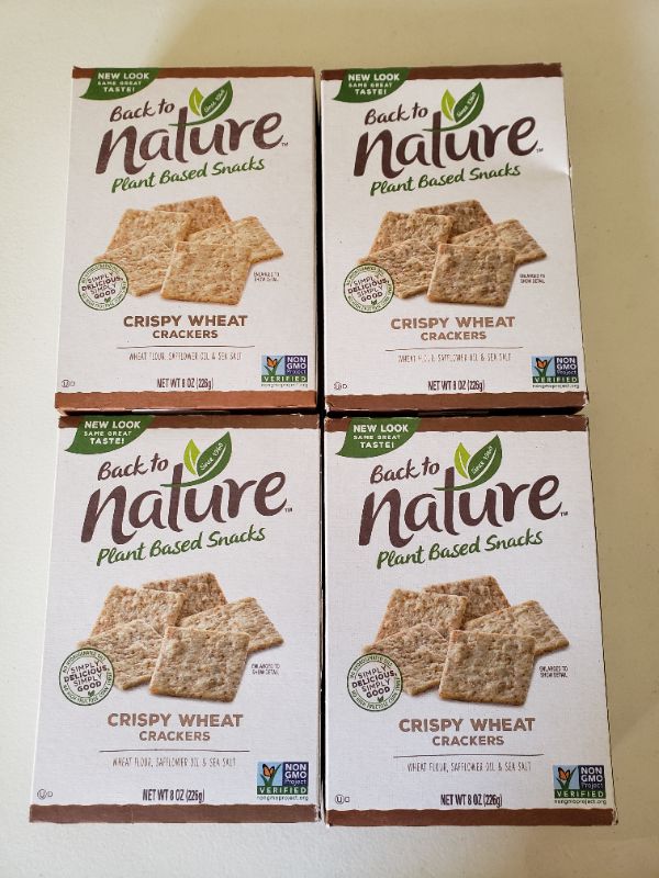 Photo 1 of Back to Nature Plant Based Snacks Crispy Wheat Crackers 8 oz. Box. Lot of 4 Boxes. best By Oct. 2021.