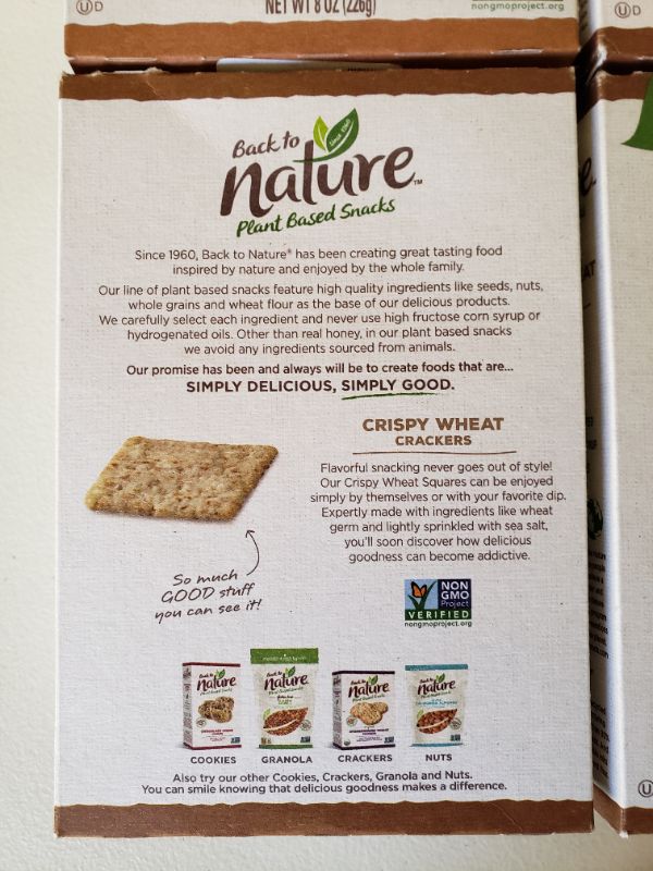 Photo 2 of Back to Nature Plant Based Snacks Crispy Wheat Crackers 8 oz. Box. Lot of 4 Boxes. best By Oct. 2021.