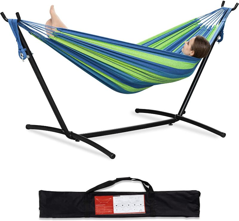 Photo 1 of **HARDWARE LOOSE IN BOX AND POTENTIALLY MISSING**PNAEUT 2-Person Hammock with Space Saving Steel Stand Garden Yard Outdoor 450lb Capacity Double Hammocks and Portable Carrying Bag (Blue)....**previously used**, 