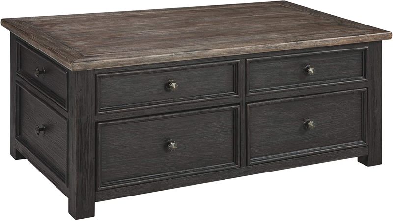 Photo 1 of *SEE last picture for damage*
Signature Design by Ashley Tyler Creek Rustic Farmhouse Lift Top Coffee Table with Drawers, Brown & Black,  46" W x 26" D x 19.5" H
