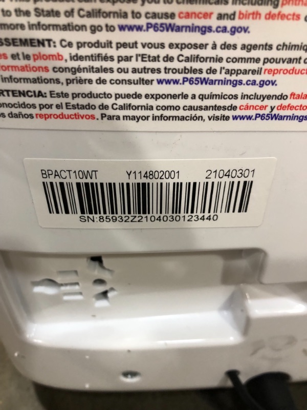 Photo 7 of *MISSING drain hose* 
BLACK+DECKER BPACT10WT Portable Air Conditioner with Remote Control, 10,000 BTU, Cools Up to 250 Square Feet, White
