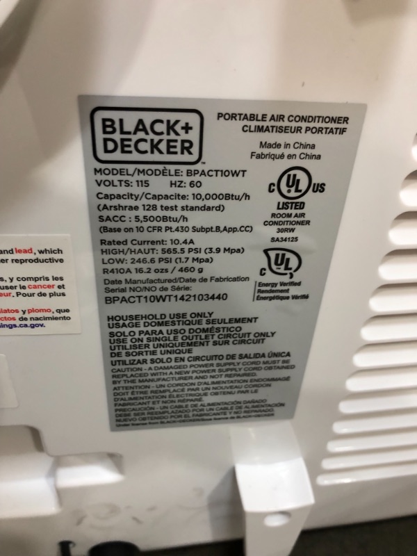 Photo 6 of *MISSING drain hose* 
BLACK+DECKER BPACT10WT Portable Air Conditioner with Remote Control, 10,000 BTU, Cools Up to 250 Square Feet, White
