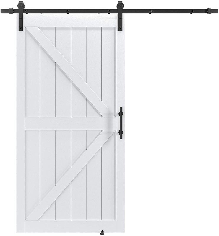 Photo 1 of *SEE last pictures for damage*
*MISSING some hardware* 
COSHOMER 42in x 84in MDF Sliding Barn Door with 7ft Barn Door Hardware Kit & Handle, Pre-Drilled Holes Easy Assembly -Solid Wood Slab Inside Covered with Water-Proof PVC Surface, White, K-Frame
