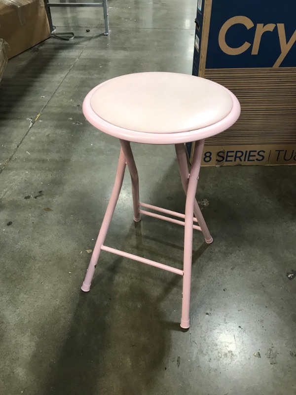 Photo 2 of *USED*
*MISSING bottom foot bar, SEE last picture* 
Trademark Home Folding Stool – Heavy Duty 24-Inch Collapsible Padded Round Stool with 300 Pound Capacity for Dorm, Pink
