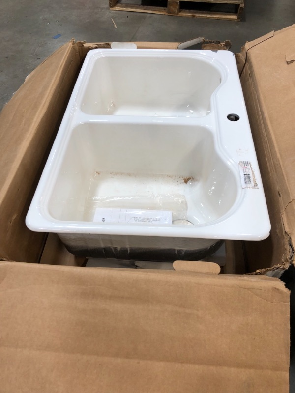 Photo 3 of *SEE last pictures for damage*
KOHLER K-5818-1-0 Hartland Self-Rimming Kitchen Sink with Single-Hole Faucet Drilling, White, 33" L x 22" W
