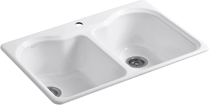 Photo 1 of *SEE last pictures for damage*
KOHLER K-5818-1-0 Hartland Self-Rimming Kitchen Sink with Single-Hole Faucet Drilling, White, 33" L x 22" W
