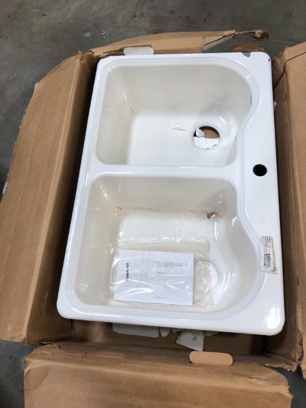 Photo 2 of *SEE last pictures for damage*
KOHLER K-5818-1-0 Hartland Self-Rimming Kitchen Sink with Single-Hole Faucet Drilling, White, 33" L x 22" W
