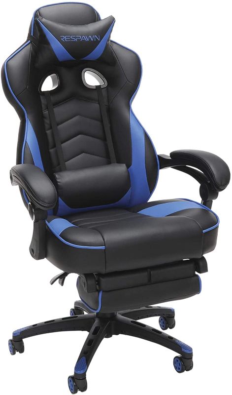 Photo 1 of *previously opened*
*MISSING other pillow*
RESPAWN RSP-110 Racing Style Gaming, Reclining Ergonomic Chair with Footrest, Blue, 28.50" D x 26.75" W x 48.50" - 51.50" H	
