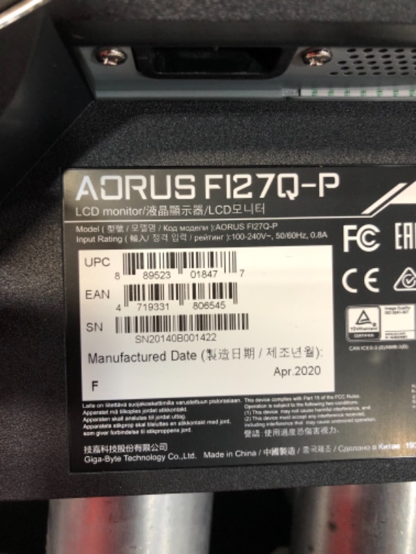 Photo 5 of *MISSING hardware and manual* 
AORUS FI27Q-P 27" 165Hz 1440P HBR3 NVIDIA G-SYNC Compatible IPS Gaming Monitor, Built-in ANC, 2k Display, 1 ms Response Time, HDR, 95% DCI-P3, 1x Display Port 1.4, 2x HDMI 2.0, 2x USB 3.0
