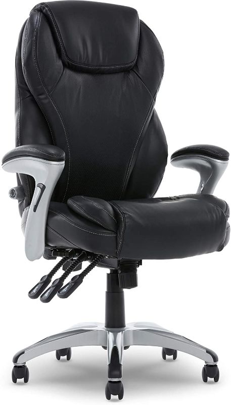 Photo 1 of Serta Executive Adjustable Office Chair, Ergonomic Leather Computer Chair with Layered Memory Foam Pillows, Contoured Lumbar, Pillowed Headrest, 25.25 x 27 x 44.5 inches

