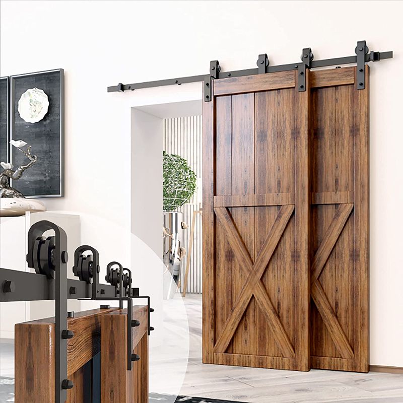 Photo 1 of *factory packaged/ strapped* 
Homacer Black Rustic Single Track Bypass Sliding Barn Door Hardware Kit, for Two/Double Doors, 7ft Long Flat Track, Classic Design Roller
