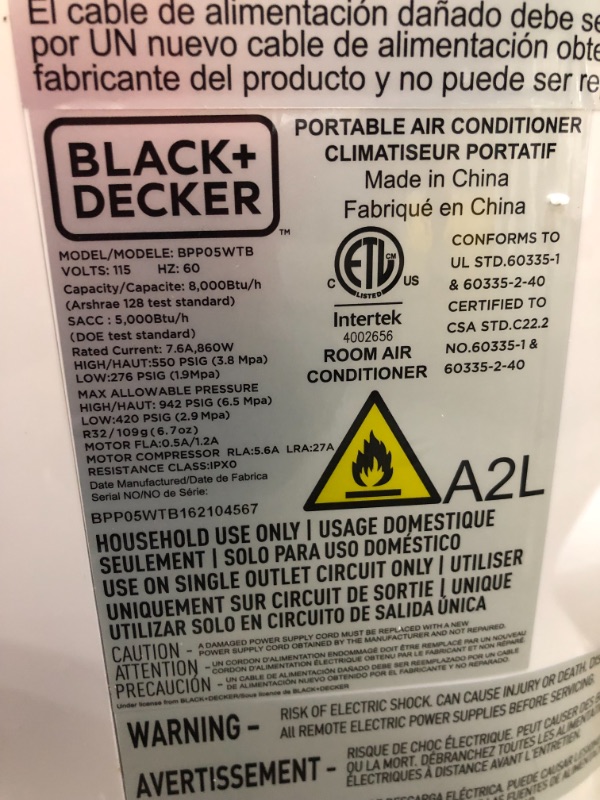 Photo 7 of *USED*
BLACK+DECKER BPP05WTB Portable Air Conditioner with Remote Control, 5,000 BTU SACC/CEC (8,000 BTU ASHRAE), White
