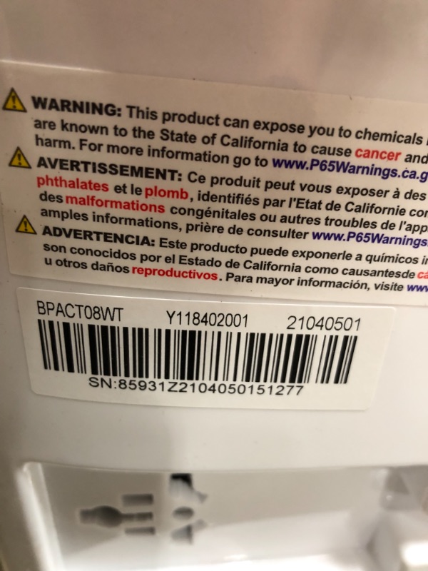 Photo 7 of *MISSING drain hose* 
BLACK+DECKER BPACT08WT Portable Air Conditioner with Remote Control, 5,000 BTU DOE (8,000 BTU ASHRAE), Cools Up to 150 Square Feet, White
