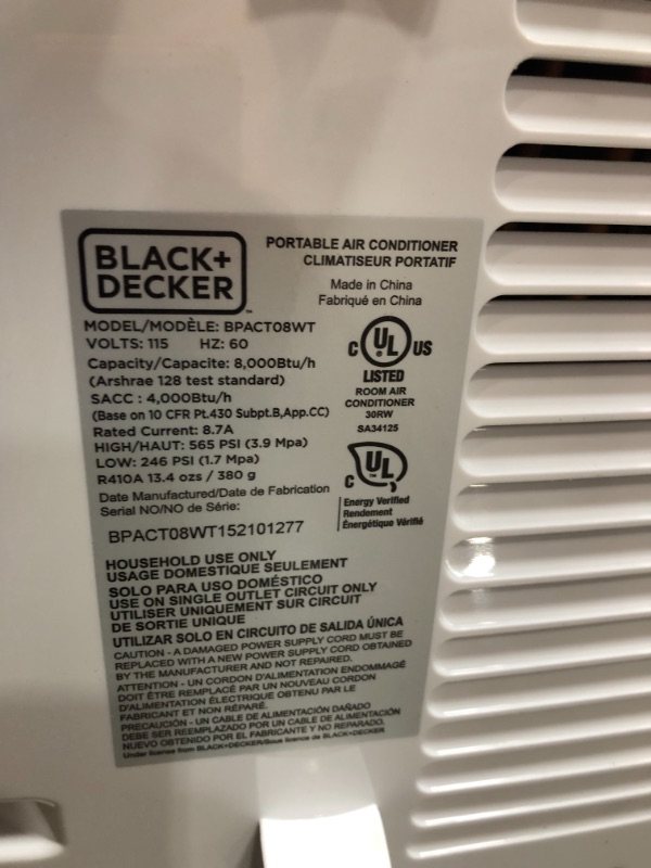 Photo 6 of *MISSING drain hose* 
BLACK+DECKER BPACT08WT Portable Air Conditioner with Remote Control, 5,000 BTU DOE (8,000 BTU ASHRAE), Cools Up to 150 Square Feet, White
