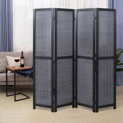 Photo 1 of 5-Foot Bamboo Woven 4-Panel Gray Wood Frame Room Divider with Dual-Action Hinges