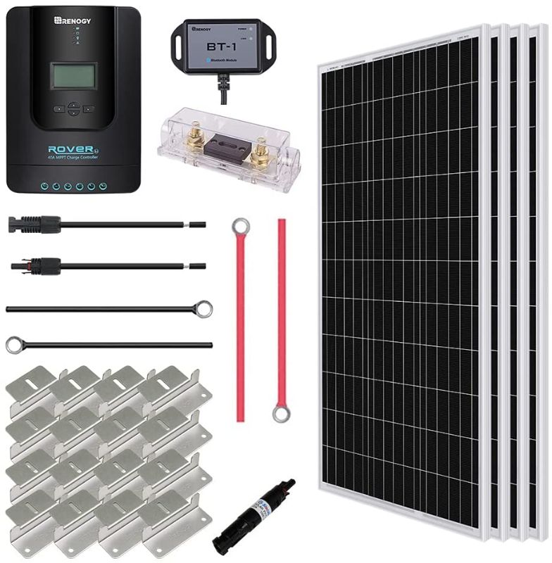 Photo 1 of *MISSING Bluetooth module* 
Renogy 400 Watt 12 Volt Premium 4 Pcs 100W Panel+40A MPPT Charge Controller+ Bluetooth Module Fuse+ Mounting Z Brackets+Adaptor Kit +Tray Cables Set, 400W, Grid 12V Solar Power System
