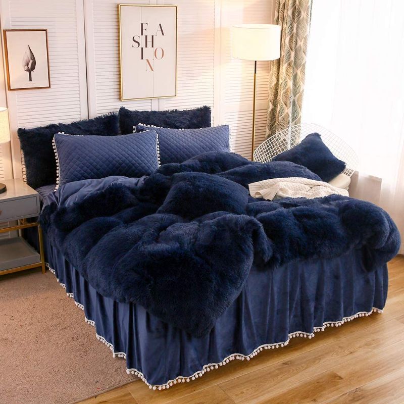 Photo 1 of LIFEREVO Luxury Shaggy Plush Duvet Cover 1 PC Crystal Velvet Mink Reverse Ultra Soft Hidden Zipper Closure (Navy, Twin)66"
