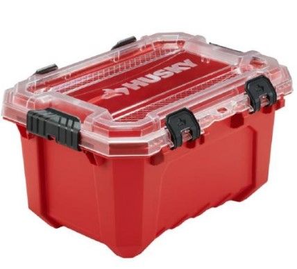 Photo 1 of 5-Gal. Professional Duty Waterproof Storage Container with Hinged Lid in Red and Bicycle Floor Pump

