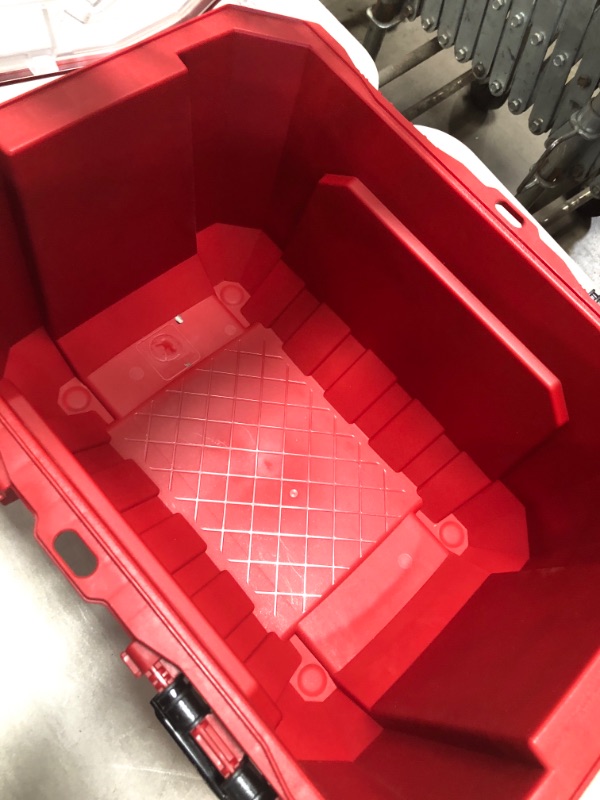 Photo 3 of 5-Gal. Professional Duty Waterproof Storage Container with Hinged Lid in Red and Bicycle Floor Pump

