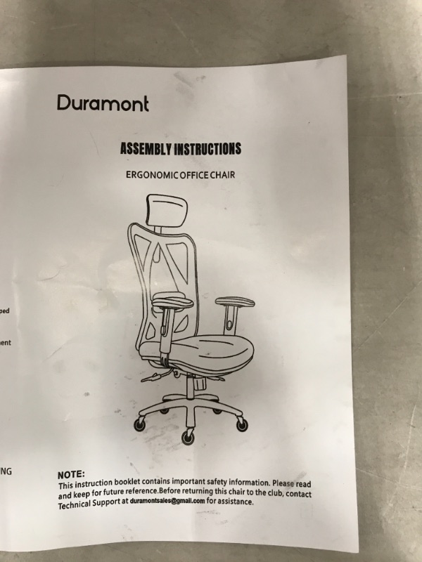 Photo 3 of Duramont Ergonomic Office Chair - Adjustable Desk Chair with Lumbar Support and Rollerblade Wheels - High Back Chairs with Breathable Mesh - Thick Seat Cushion, Head, and Arm Rests - Reclines


//used //missing hardware 