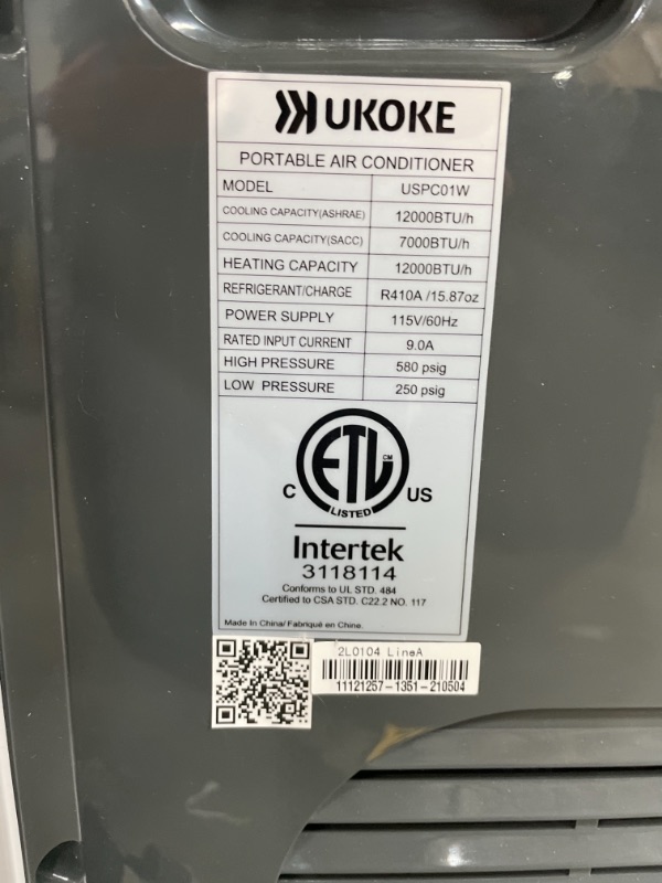 Photo 1 of Ukoke USPC01W Smart WiFi Portable Air Conditioner, Works with Alexa & Mobile App Control, 12000BTU, 4 in 1 AC Unit with Cool, Heat, Dehumidifier & Fan, up to 400 Sq. ft, White
