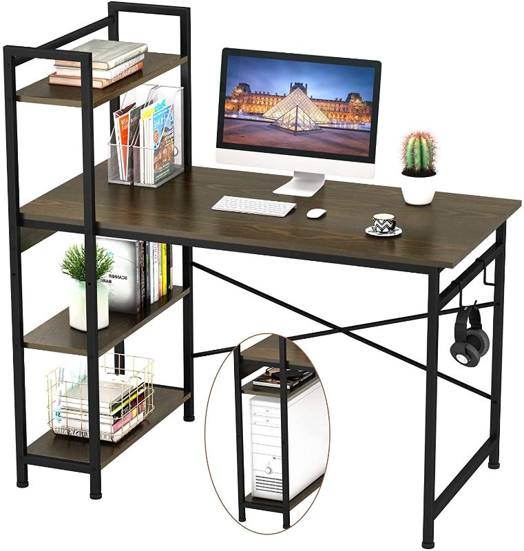 Photo 1 of Engriy Computer Desk with 4 Tier Shelves for Home Office, 47" Writing Study Table with Bookshelf and 2 Hooks, Multipurpose Modern Wood Desk Workstation with Metal Frame for PC Laptop, Walnut Black
