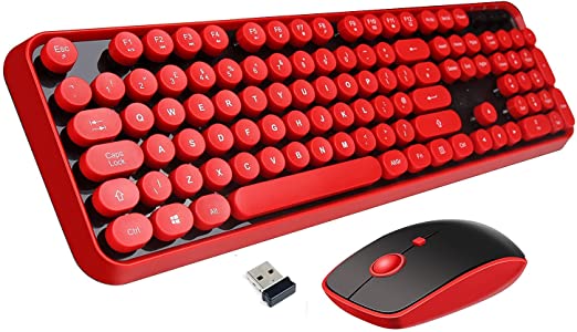 Photo 1 of Wireless Keyboard Mouse Combo, Letton 2.4GHz Wireless Typewriter Keyboard with 108 Cute Retro Round Keys, Full Size Office Computer Keyboards and Cute Wireless Mouse with 3 DPI for Mac PC-Red