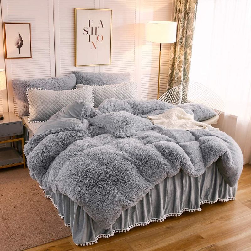 Photo 1 of 
LIFEREVO Luxury Shaggy Plush Duvet Cover 1 PC Crystal Velvet Mink Reverse Ultra Soft Hidden Zipper Closure (Gray, Queen)