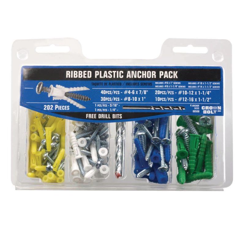 Photo 1 of 2-pack **Everbilt 202-Piece #4-#16 X 7/8 in. X 1-1/2 in. Plastic Ribbed Anchor Pack with Screw
