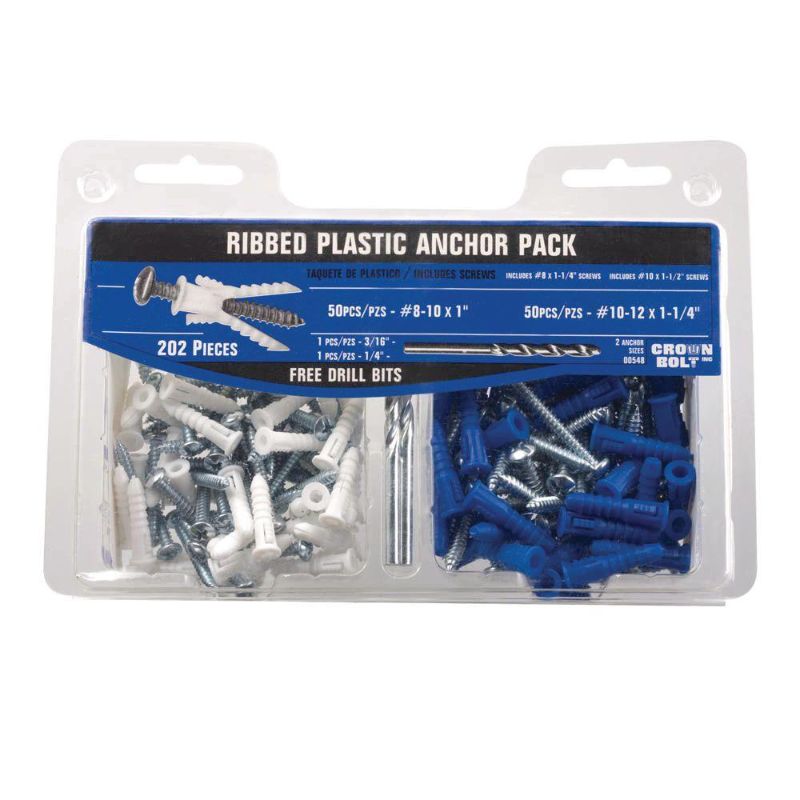 Photo 1 of 2-pack **Everbilt #8-10 White and #10-12 Blue Ribbed Plastic Anchor Pack with Screws (202-Piece)
