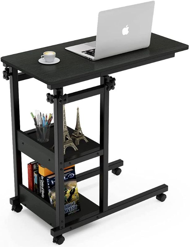 Photo 1 of Tribesigns Snack Side Table, Mobile End Table Height Adjustable Bedside Table Laptop Rolling Cart C Shaped TV Tray with Storage Shelves for Sofa Couch (Black)
