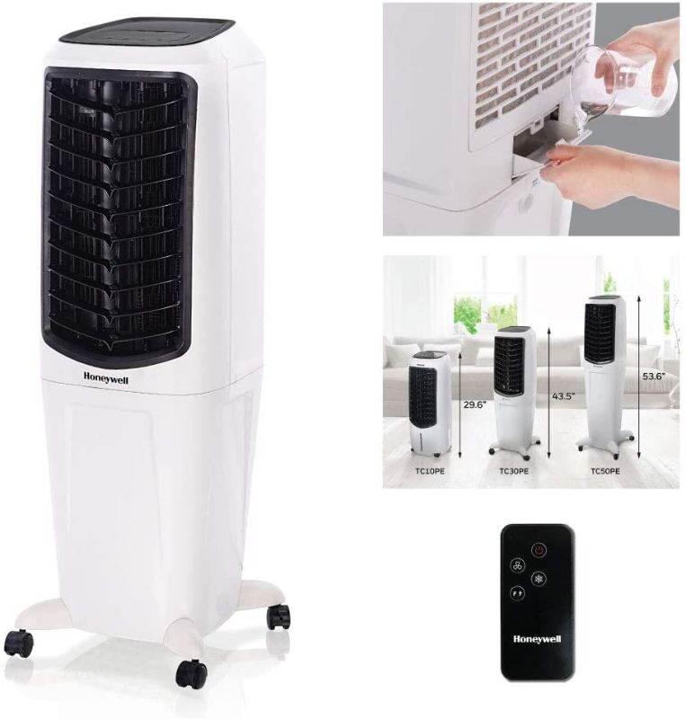 Photo 1 of Honeywell 470-588 CFM Portable Evaporative Tower Cooler with Fan, Humidifier & Remote, 43.5" TC30PEU, White
