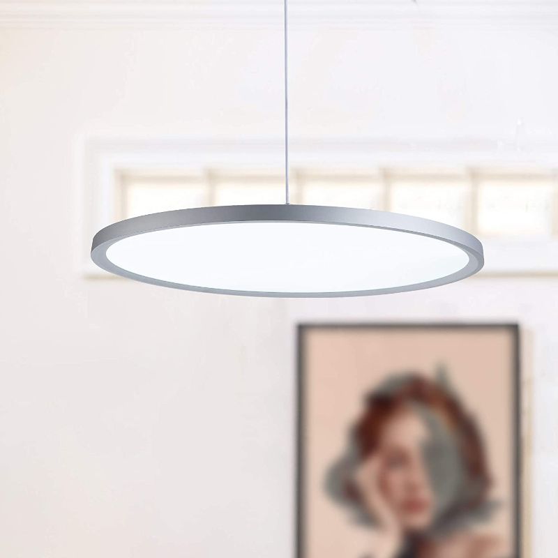 Photo 1 of MADEM Modern LED Pendant Light 23.6'' Disc Chandelier Hanging Lighting Fixture with Acrylic Shape Dimmable Contemporary Chandelier 6000K for Office Dining Room Meeting Room Kitchen Island, BLACK

/CABLE IS DAMAGED //ITEM IS NOT SILVER BUT IS BLACK, PHOTO 