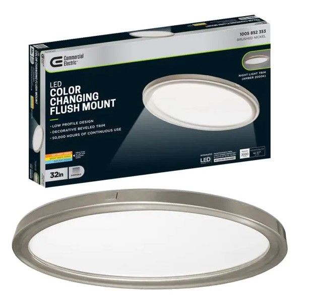 Photo 1 of 32 in. Low Profile Oval Brushed Nickel Color Selectable LED Flush Mount Ceiling Light w/ Night Light Feature
AS IS USED