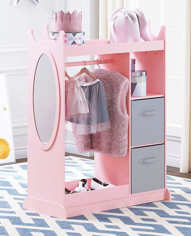 Photo 1 of Kids Dress up Storage with Mirror and Storage Bin,Kids Armoire Dresser with Mirror, Costume Closet for Kids, Pretend Storage Closet for Kids,Costume Storage Dresser(Pink)