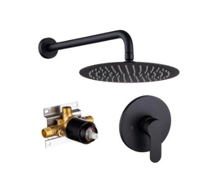 Photo 1 of 1-Spray Patterns with 2.5 GPM 10 in. Wall Mount Round Fixed Shower Head in Matte Black (Valve Included)
