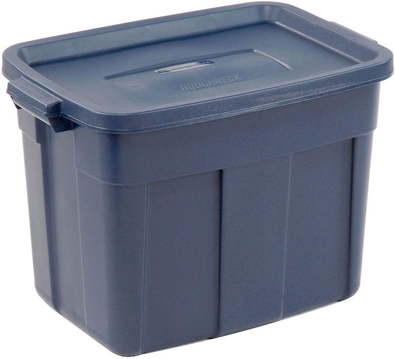 Photo 1 of Rubbermaid Roughneck 72 quart Rugged Storage Tote in Dark Indigo Metallic with Lid and Handles for Home, Basement, Garage, (6 Pack)