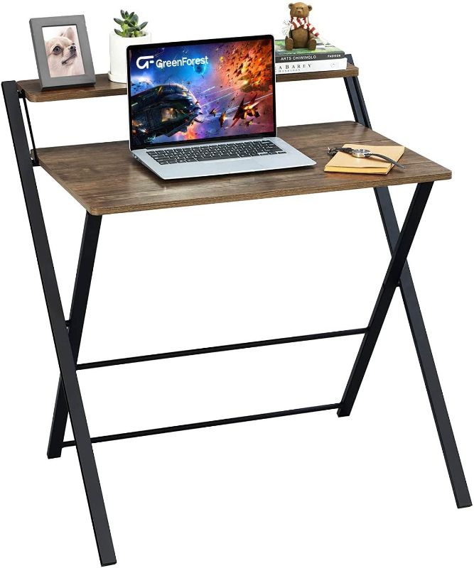 Photo 1 of GreenForest Folding Computer Desk No Assembly Required 2 Tier Computer Desk with Shelf Space Saving Small Foldable Table Workstation, Brown
