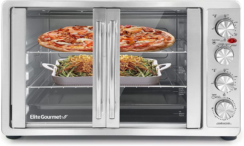 Photo 1 of Elite Gourmet ETO4510BMDouble French Door 4-Control Knobs Countertop Convection Toaster Oven, Bake Broil Toast Rotisserie Keep Warm 14" Pizza Includes 2 Racks
