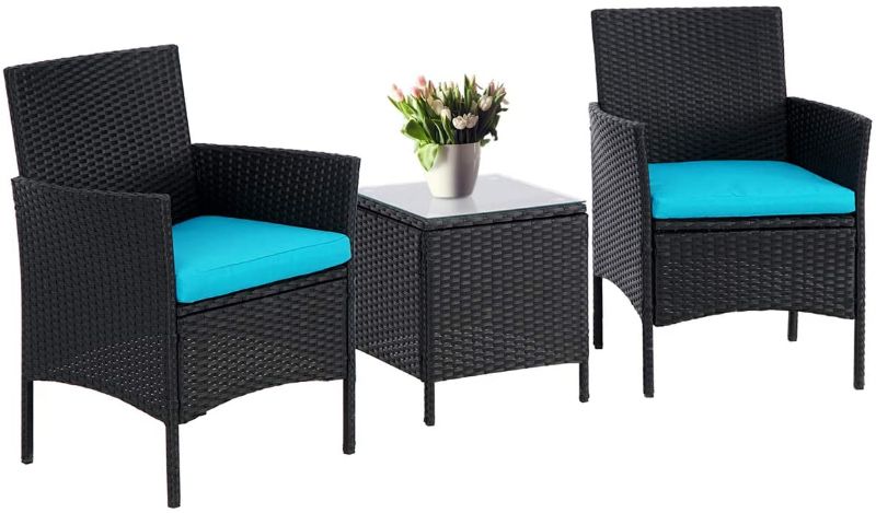 Photo 1 of **INCOMPLETE** SUNCROWN Patio Bistro Sets 3 Piece Outdoor Patio Furniture Set Black Rattan Wicker Conversation Chairs with Cushions & Coffee Table(Black/Light Blue)
