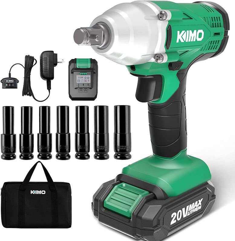 Photo 1 of KIMO 20V Cordless Impact Wrench 1/2 inch, 2000 In-Lbs Torque 3400 IPM, Impact Gun w/ Charger ? 2.0Ah Li-ion Battery, 7 Pcs Sockets,Variable Speed, Compact Electric Impact Wrench Set for Home ? Car
